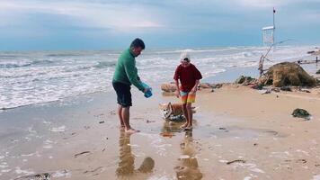 Man and his son clean up trash on the beach, help the environment togetherness video