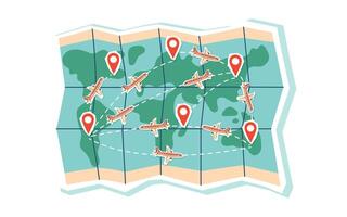 Travel destination concept. World map with travel dectinations and airplanes isolated on white. Flat style illustration. vector