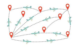 Travel destination concept. Travel dectination signs and airplanes on white background. Flat style illustration. vector