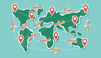 Travel destination concept. World map with travel dectinations and airplanes. Flat style illustration. vector