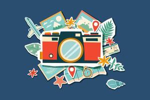 Old vintage photo camera with photos and travel object around. Travel concept. Summer concept. Flat illustration. vector