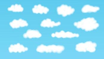 Illustration of white fluffy clouds on blue sky. Cloudy sky background. Set of clouds. vector