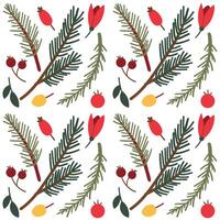 New Year pattern. New Year hand drawn berries, red berries, green leaves on white background for Christmas and winter paper and textile print. vector