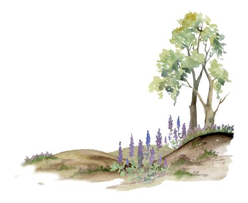 Scenery landscape of lush green foliage tree, northern forest meadow hills with bushes lupin flowers, watercolor hand drawn. Illustration for tourism maps, resort ads, hiking camping sites, vacation.