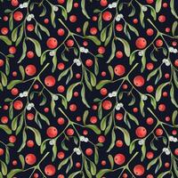 Mistletoe branches with green leaves, red and white berries. Watercolor hand drawn illustration, seamless pattern isolated on dark. Xmas, happy new year festive, noel navidad. Print paper, textile vector