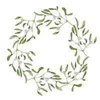 Mistletoe branches with green leaves and white berries. Watercolor hand drawn illustration, wreath frame crown isolated on white. Xmas, happy new year festive, noel navidad. Print paper textile fabric vector