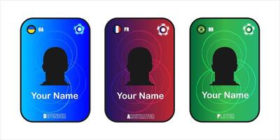Set of three customizable sports player cards with silhouette, national flags, and role labels vector