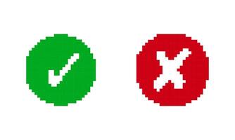 Circle Buttons of Green Check and Red Cross Icon in Pixel Art Style. Check Mark Icon. Check Box Icon with Right and Wrong Circle Buttons. Isolated Illustration vector