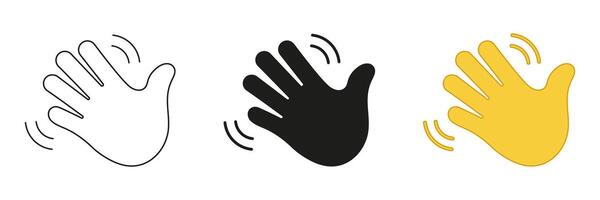 Waving Hand Emoji Icon. Friendly Greeting Line and Silhouette Sign. Gesture of Hello or Goodbye Symbol. Editable Stroke. Isolated Illustration vector