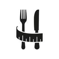 Slimming And Weight Management Icon. Fork And Knife Silhouette Icon Wrapped With Measuring Tape, Weight Loss And Calorie Counting Concept. Isolated Illustration vector