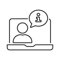 Person on Laptop with Information Chat Bubble Line Icon for Online Support. Customer Support and Online Information. Assistance and Communication. Editable Stroke. Isolated Illustration vector