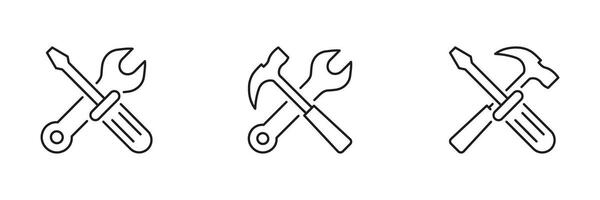 Crossed Tools Line Icon Set. Wrench, Hammer, and Screwdriver for Maintenance and Repair. Construction and Technical Service Outline Symbol Collection. Editable Stroke. Isolated Illustration vector