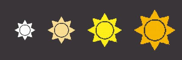 Sun Pixel Art Icon Set. Retro Game Yellow Sun Isolated on Dark Background. Vintage Game Symbol. Isolated Illustration vector