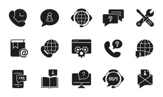 Customer Support and Global Communication Tools Silhouette Icon Set. Customer Service Glyph Symbol Collection. Isolated Illustration vector