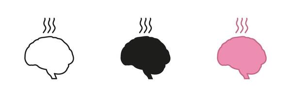 Mental Fatigue Sign. Burnout Brain Silhouette Icon Set. Hot Brain with Steam Symbolizing Exhaustion. Editable Stroke. Isolated Illustration vector