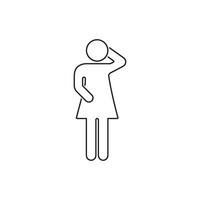 Woman Figure in Pondering Pose Line Icon. Stick Figure with Thoughtful Gesture Outline Symbol. Editable Stroke. Isolated Illustration vector