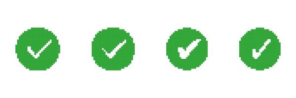 Pixelated Green Check Mark Icons Set. Approval or Success Symbols in Pixel Art Style Collection. Isolated Illustration vector