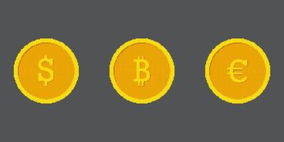 Golden Retro Pixelated Currency Coins Icon Set. Pixel Art Coins of Dollar, Bitcoin, and Euro. Isolated Illustration vector