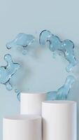 Group of three white podiums with spinning water splash on blue background. Mock up for product, cosmetic presentation. Empty scene. Stage, display, showcase. Copy space. Vertical 3D animation. video