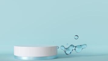 White podium with water splashes on blue background. Mock up for product, cosmetic presentation. Pedestal or platform. Empty scene. Stage, display, showcase. Copy space. 3D render. video