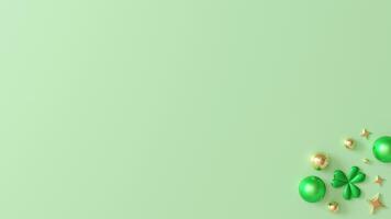 Minimalistic St. Patrick's Day-themed design featuring green and gold elements, shamrocks and stars, scattered along right edge of soft green background. Empty space, perfect for text. 3D render. video