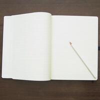 An open notebook with a pencil on a wooden table photo