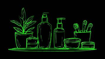 Neon frame effect, Skin Care Bottle Represents skincare routines on black background video