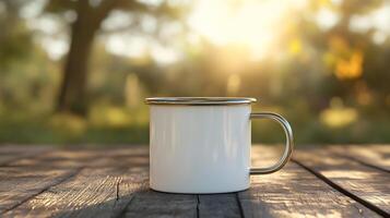 Minimalist White Enamel Mug on Rustic Table with Natural Background photo