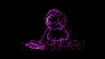 Neon frame effect, Broom For cleaning tasks on black background video