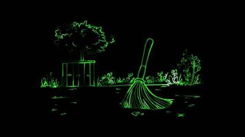 Neon frame effect, Broom For cleaning tasks on black background video