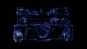 Neon frame effect, Washing Machine Symbol for laundry chores on black background video
