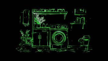 Neon frame effect, Washing Machine Symbol for laundry chores on black background video