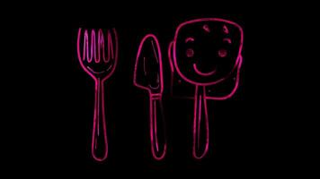 Neon frame effect, Fork and Knife Symbolizing meal preparation on black background video