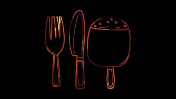 Neon frame effect, Fork and Knife Symbolizing meal preparation on black background video