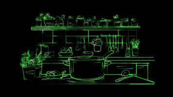 Neon frame effect, Cooking Pot For cooking and food preparation tasks on black background video