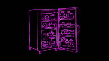 Neon frame effect, Refrigerator For food storage on black background video