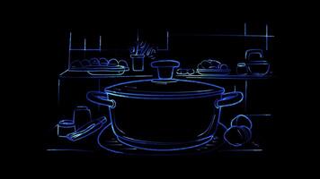 Neon frame effect, Cooking Pot For cooking and food preparation tasks on black background video