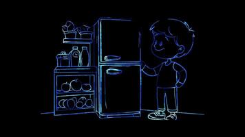 Neon frame effect, Refrigerator For food storage on black background video