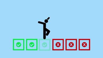 man jumping on box tick and cross, positive and negative result signs red green. video