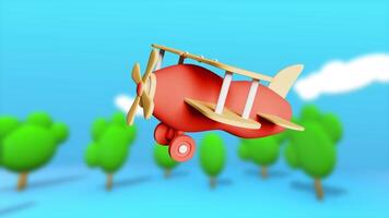 Cartoon Airplane flying in the blue sky with clouds over the trees and stones. Seamless looped 3d animation video