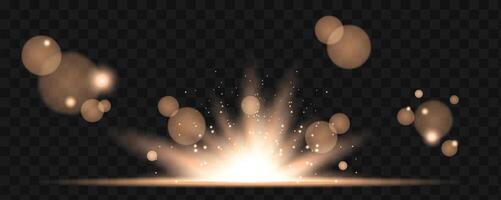 Gold light effect. Transparent glowing light, lens flare, explosion, sunrise, glitter and dust, spark and stars, spotlight and frames, sunburst. Abstract effect. vector