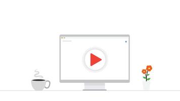 computer monitor watching videos on a table with coffee and a vase of flower, relaxed and calm isolated on a white background suitable for website design vector