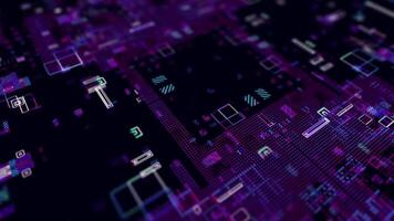 Digital animation of purple processor pulse, artificial technology process in motherboard suitable for hud, futuristic background, cyberpunk, and chip connection. video