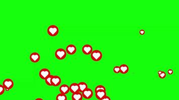 Animated flying hearts on a green screen background, animated love footage suitable for social media like buttons and motion graphics. video
