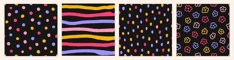 Colorful seamless pattern set of multicolored hand drawn lines, flowers and dots. Trendy design with abstract shapes, simple and playful doodle wallpaper print vector