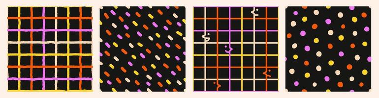 Seamless pattern set of multicolored hand drawn curved checkered lines, polka dots and strip. Modern design with abstract shapes, simple and playful doodle wallpaper print vector