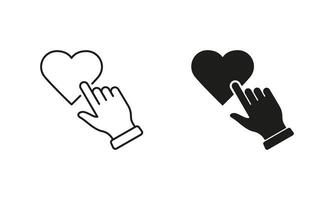 Click Heart Shape Button Pictogram. Finger Tap On Heart Line and Silhouette Icon Set. Love At Valentine's Day Symbol. Editable Stroke. Isolated Illustration vector