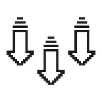 Downward Arrows Pixelated Icon. Pixel Art Symbol of Decrease or Download. Three Arrows Pointing Down. Downward Movement for Reduction or Navigation. Isolated Illustration vector