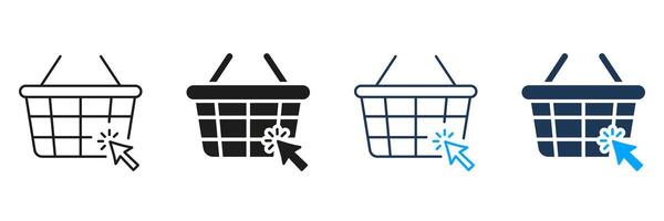 E Commerce Line and Silhouette Icon Set. Online Supermarket, Internet Grocery Store Pictogram. Basket with Click Pointer Sign. Shopping Bag Symbol. Editable Stroke. Isolated Illustration vector