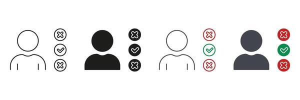 Management Organization Line and Silhouette Icon Set. Business Roles, Flowchart of Work Responsibility Pictogram. Man with Job Duty Checklist Symbol. Editable Stroke. Isolated Illustration vector